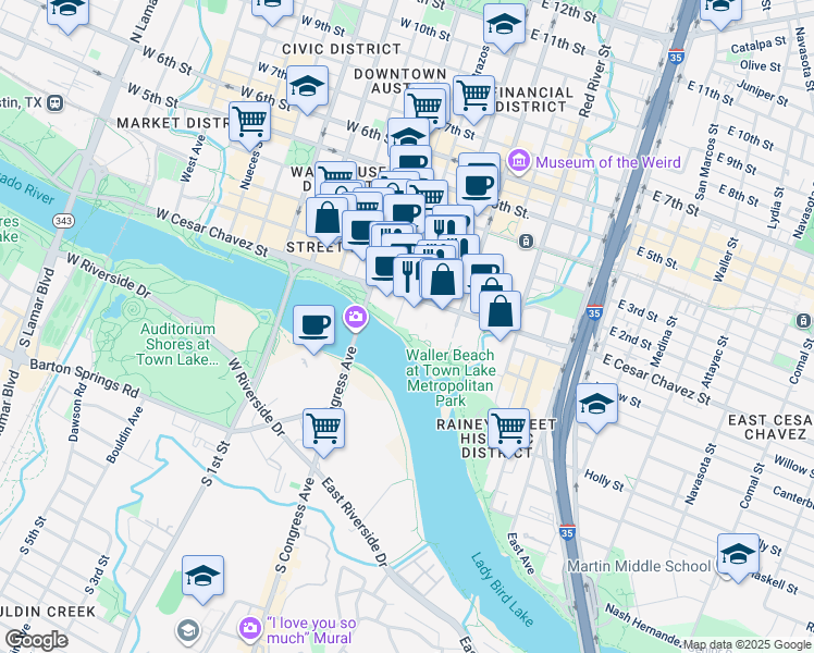 map of restaurants, bars, coffee shops, grocery stores, and more near 98 San Jacinto Boulevard in Austin