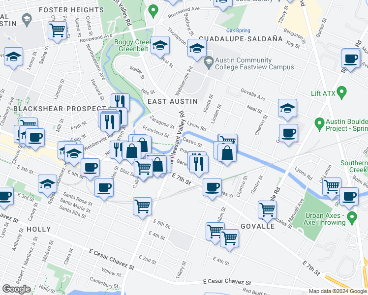 map of restaurants, bars, coffee shops, grocery stores, and more near 2806 Prado Street in Austin