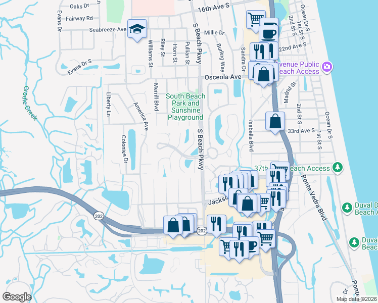 map of restaurants, bars, coffee shops, grocery stores, and more near 3446 Heron Drive South in Jacksonville Beach