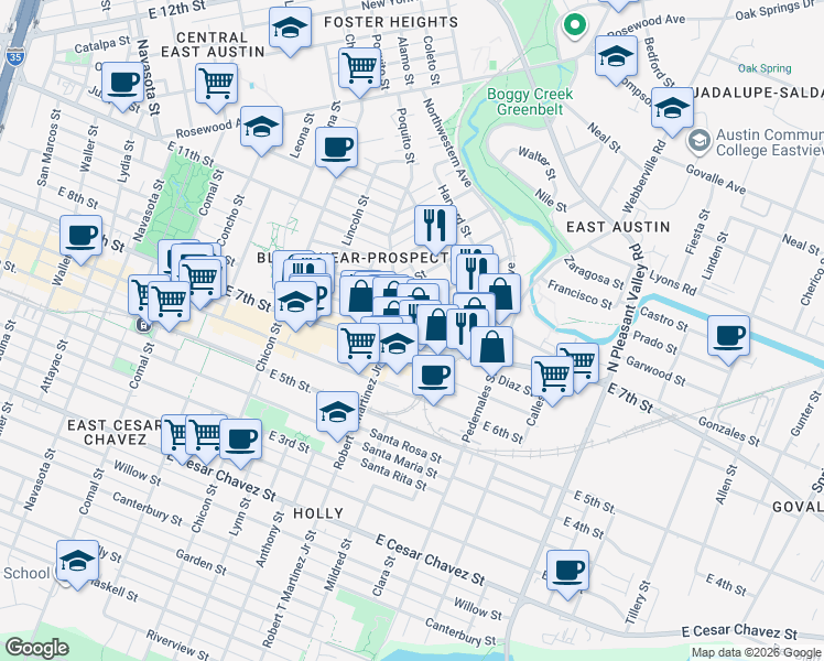 map of restaurants, bars, coffee shops, grocery stores, and more near 2200 East 8th Street in Austin