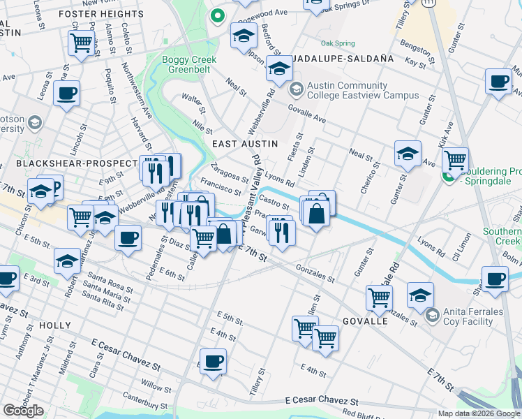 map of restaurants, bars, coffee shops, grocery stores, and more near 2806 Prado Street in Austin