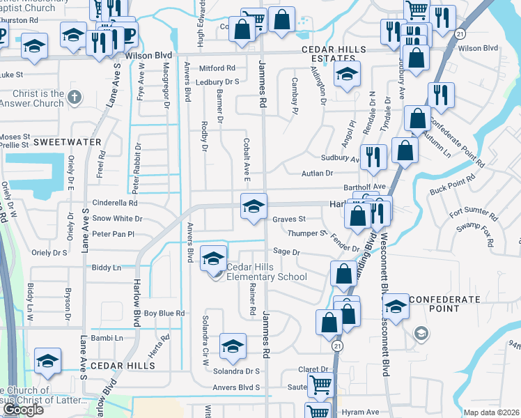 map of restaurants, bars, coffee shops, grocery stores, and more near 6349 Harlow Boulevard in Jacksonville