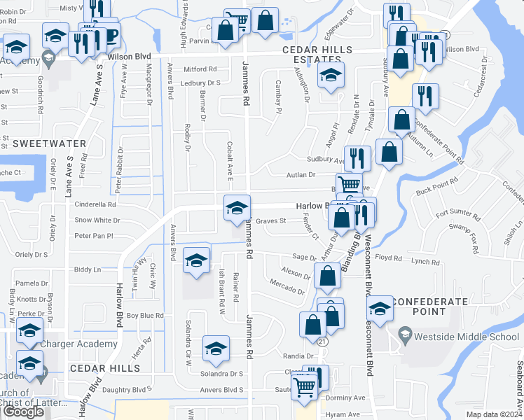 map of restaurants, bars, coffee shops, grocery stores, and more near 6334 Harlow Boulevard in Jacksonville