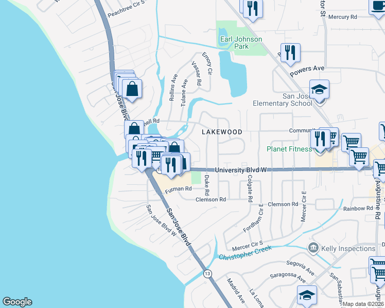map of restaurants, bars, coffee shops, grocery stores, and more near 5525 Auburn Road in Jacksonville
