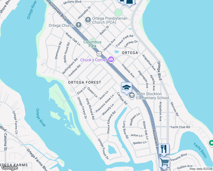 map of restaurants, bars, coffee shops, grocery stores, and more near 4622 Martingale Road in Jacksonville