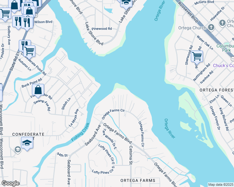 map of restaurants, bars, coffee shops, grocery stores, and more near 4347 Ortega Farms Circle in Jacksonville