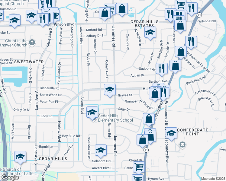 map of restaurants, bars, coffee shops, grocery stores, and more near 6349 Harlow Boulevard in Jacksonville