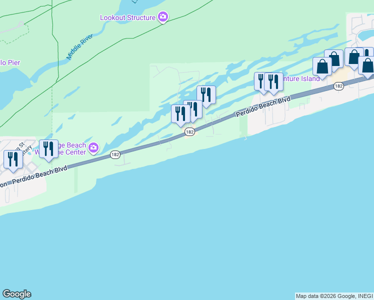 map of restaurants, bars, coffee shops, grocery stores, and more near 24160 Perdido Beach Boulevard in Orange Beach