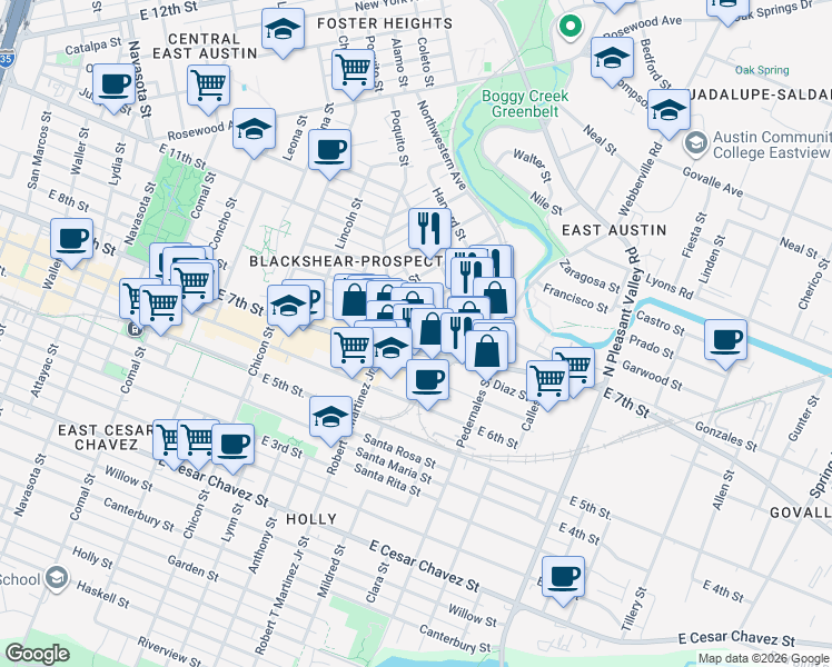 map of restaurants, bars, coffee shops, grocery stores, and more near 2300 Webberville Road in Austin