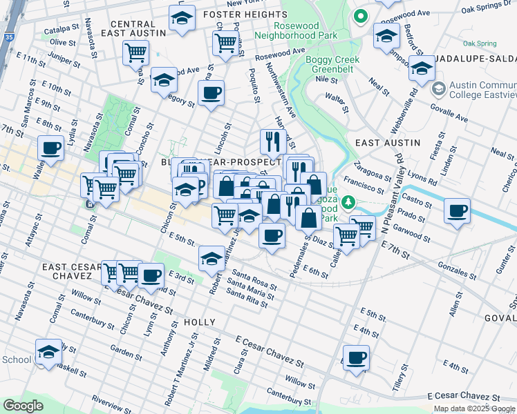map of restaurants, bars, coffee shops, grocery stores, and more near 2200 East 8th Street in Austin