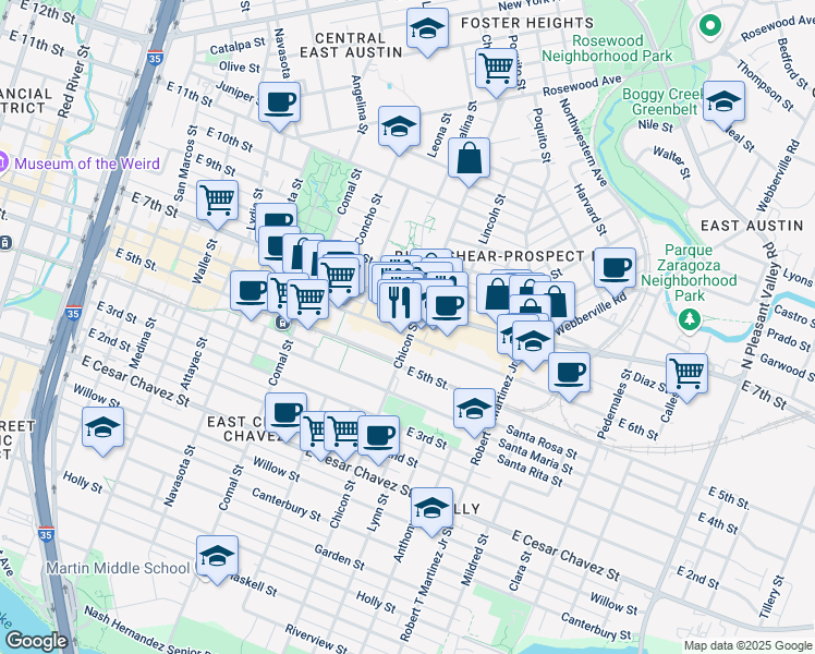 map of restaurants, bars, coffee shops, grocery stores, and more near 1882 East 6th Street in Austin