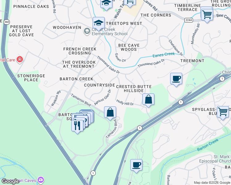 map of restaurants, bars, coffee shops, grocery stores, and more near 1905 Apricot Glen Drive in Austin