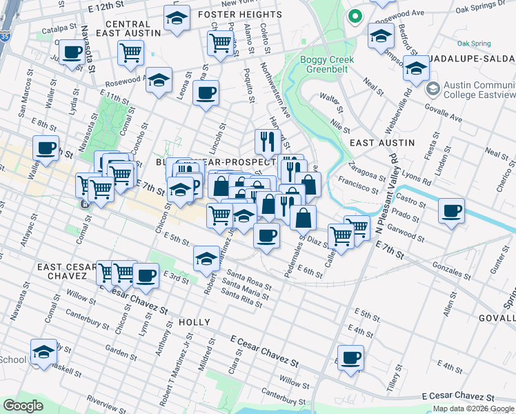 map of restaurants, bars, coffee shops, grocery stores, and more near 2200 East 8th Street in Austin