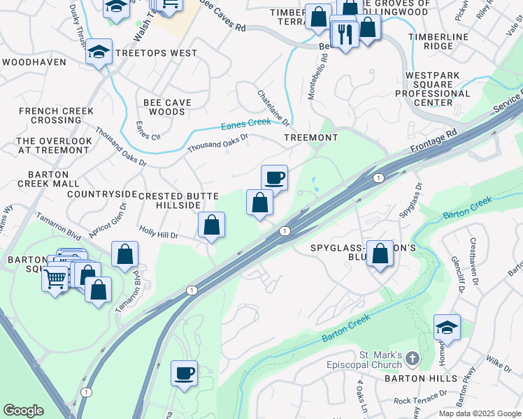 map of restaurants, bars, coffee shops, grocery stores, and more near 1300 South MoPac Expressway in Austin