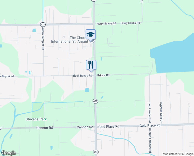 map of restaurants, bars, coffee shops, grocery stores, and more near 13250 Louisiana 431 in Saint Amant