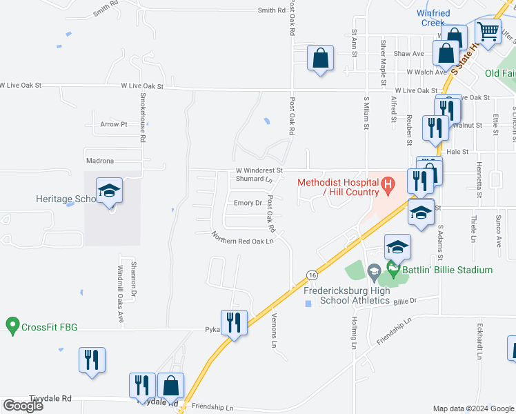 map of restaurants, bars, coffee shops, grocery stores, and more near 705 Emory Drive in Fredericksburg