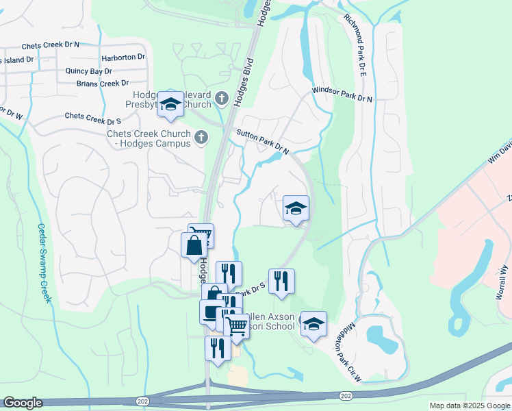 map of restaurants, bars, coffee shops, grocery stores, and more near 13810 Sutton Park Drive North in Jacksonville