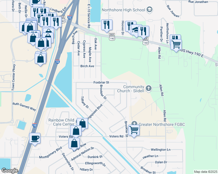 map of restaurants, bars, coffee shops, grocery stores, and more near 207 Foxbriar Street in Slidell