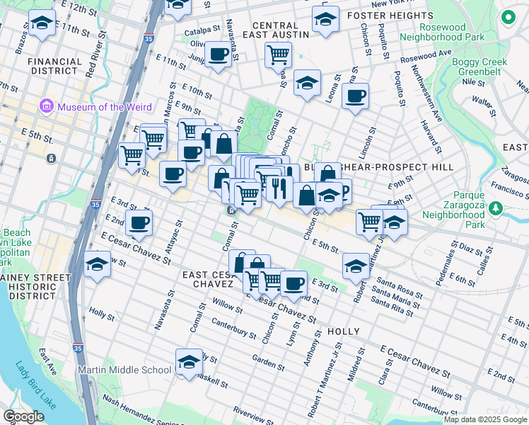 map of restaurants, bars, coffee shops, grocery stores, and more near 1617 East 6th Street in Austin