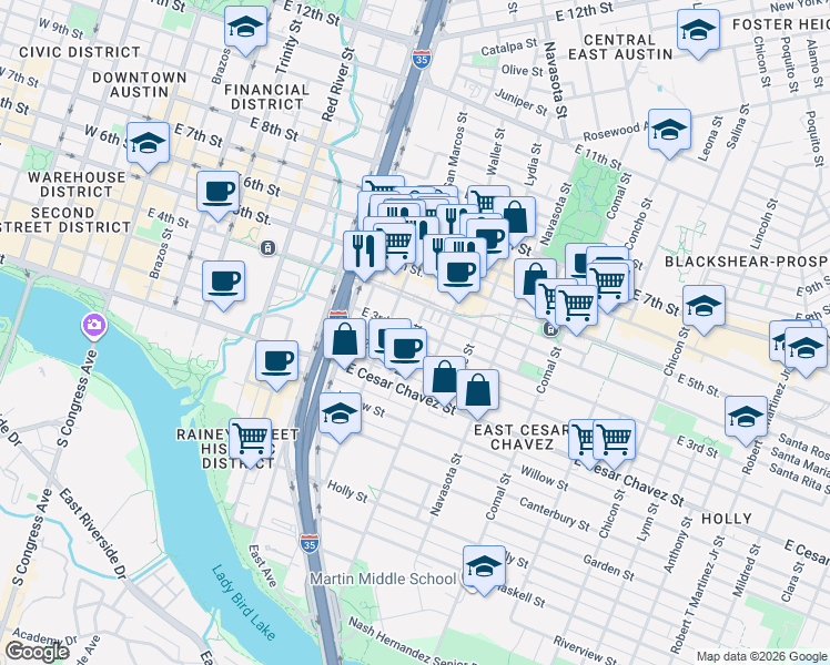 map of restaurants, bars, coffee shops, grocery stores, and more near E 3rd St & Medina St in Austin
