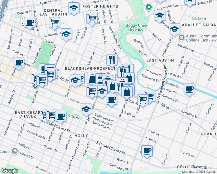 map of restaurants, bars, coffee shops, grocery stores, and more near 2300 Webberville Road in Austin