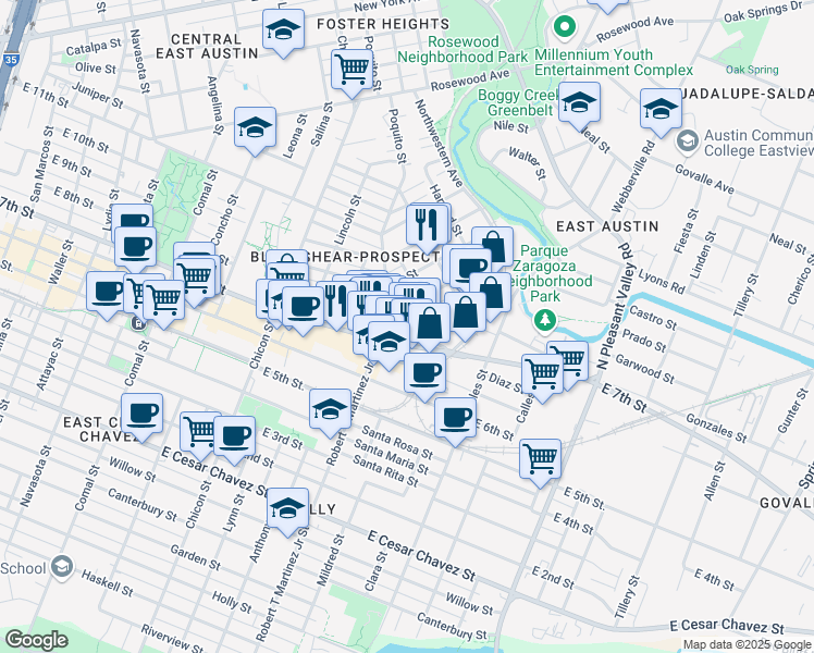 map of restaurants, bars, coffee shops, grocery stores, and more near 2200 East 8th Street in Austin