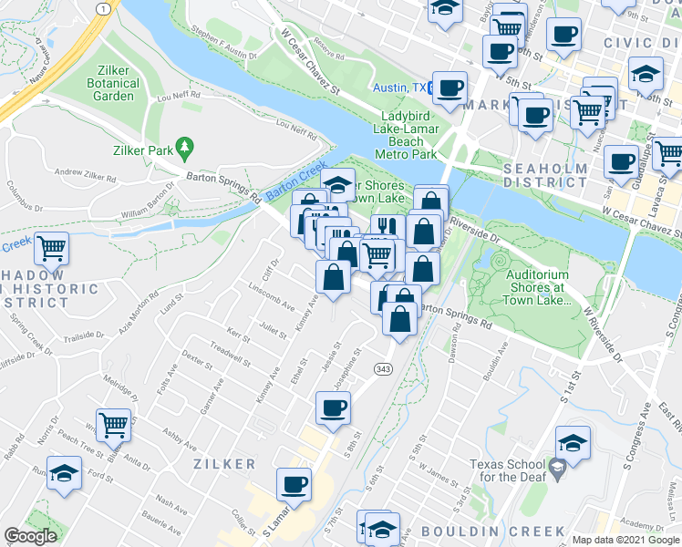 map of restaurants, bars, coffee shops, grocery stores, and more near Barton Springs Rd & Kinney Ave in Austin