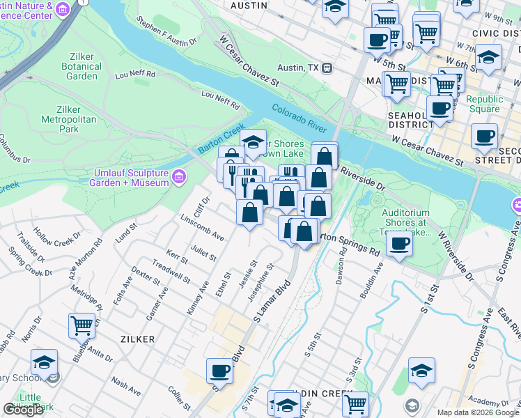 map of restaurants, bars, coffee shops, grocery stores, and more near 1600 Barton Springs Road in Austin