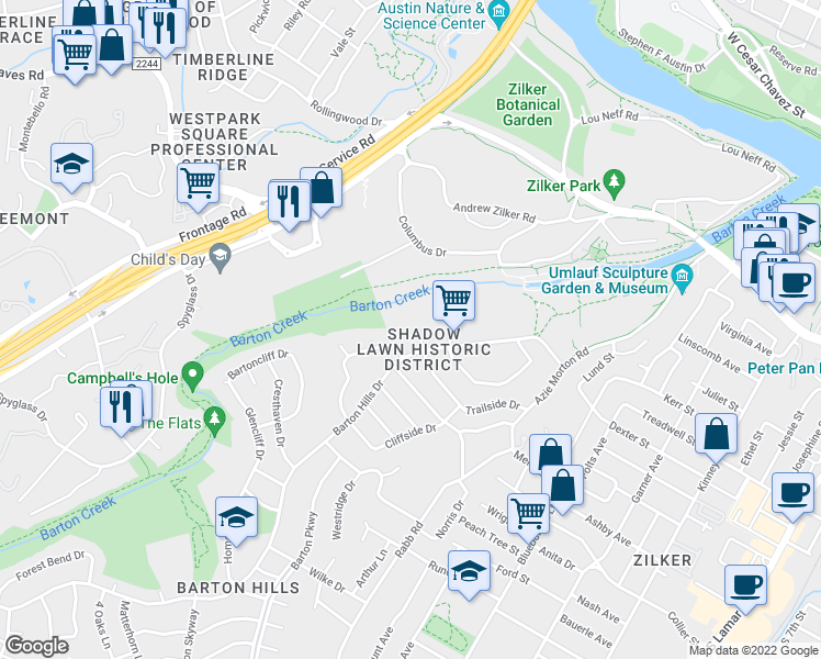 map of restaurants, bars, coffee shops, grocery stores, and more near 2607 Trailside Drive in Austin