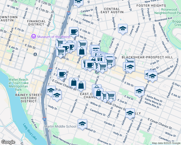 map of restaurants, bars, coffee shops, grocery stores, and more near in Austin