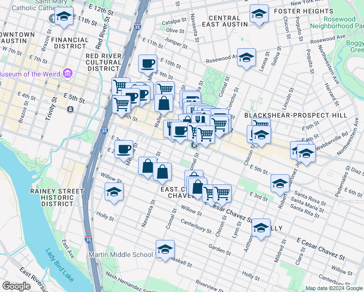 map of restaurants, bars, coffee shops, grocery stores, and more near 1400 East 4th Street in Austin
