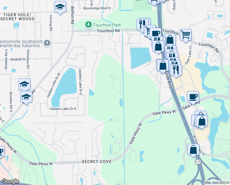 map of restaurants, bars, coffee shops, grocery stores, and more near 3558 Twisted Tree Lane in Jacksonville