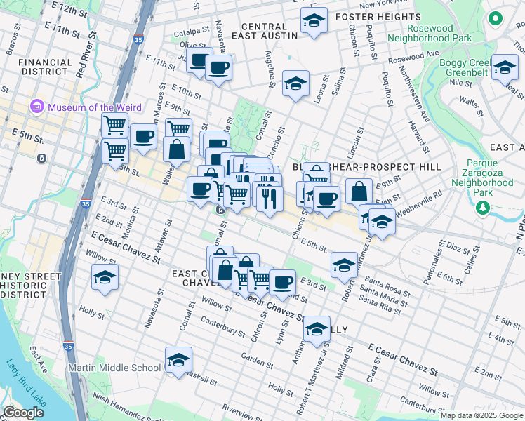 map of restaurants, bars, coffee shops, grocery stores, and more near 1645 East 6th Street in Austin