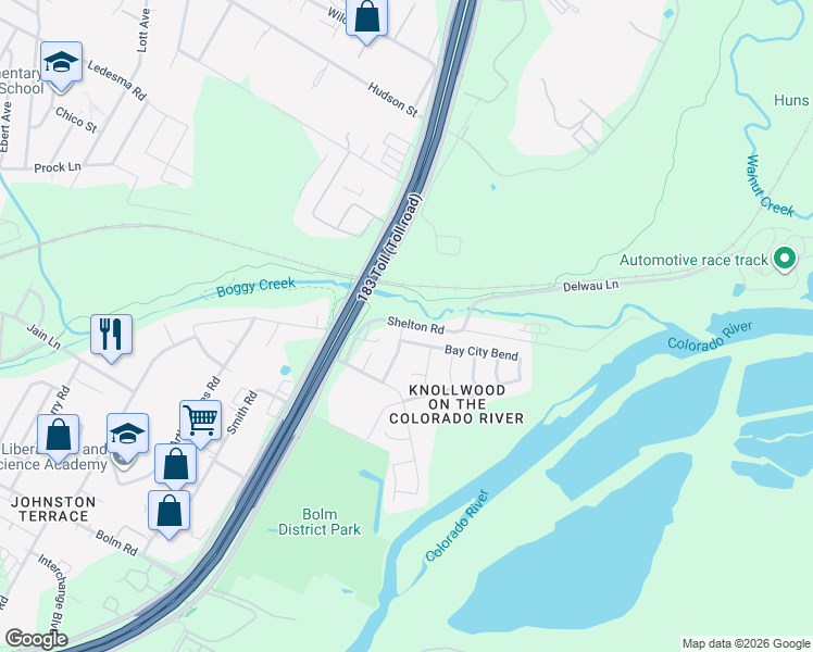 map of restaurants, bars, coffee shops, grocery stores, and more near 6815 Shelton Road in Austin