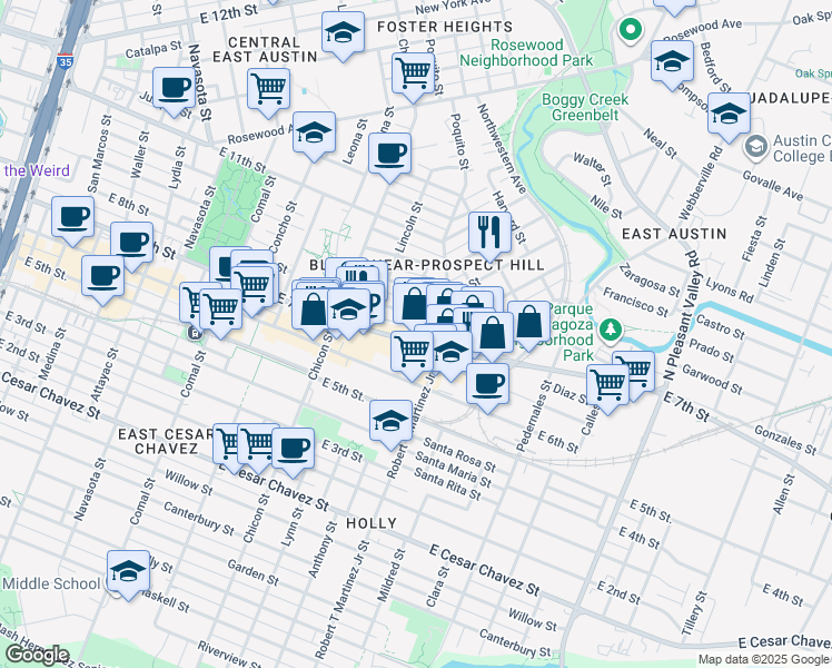 map of restaurants, bars, coffee shops, grocery stores, and more near 2103 East 8th Street in Austin