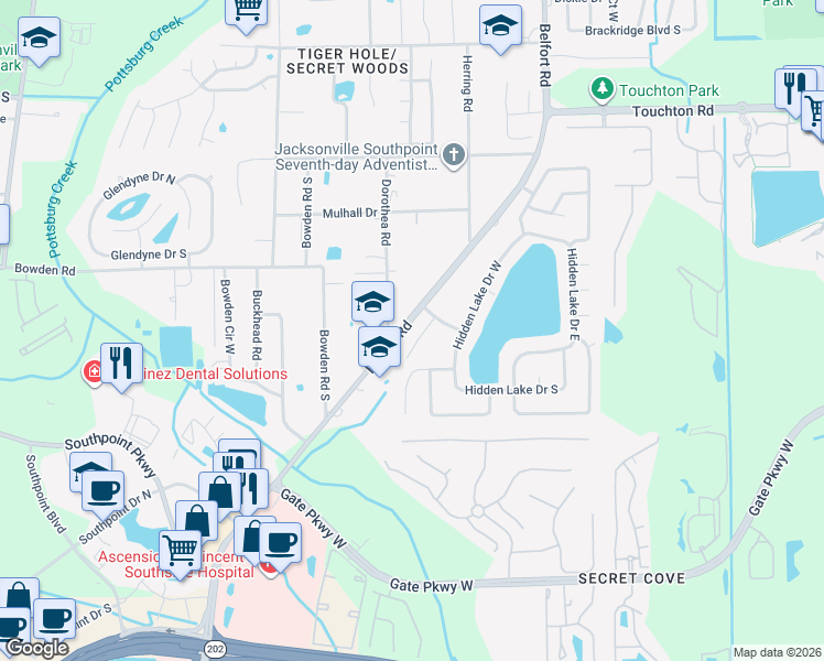 map of restaurants, bars, coffee shops, grocery stores, and more near 3402 Secret Cove Place in Jacksonville