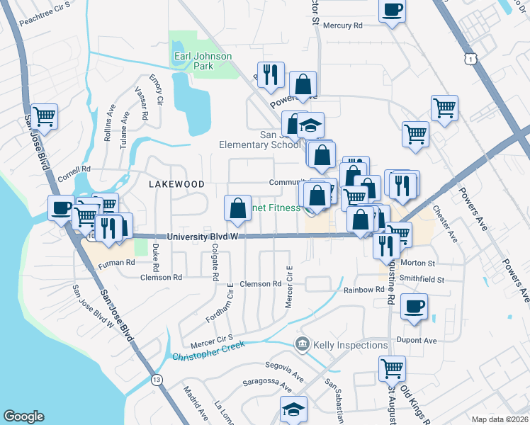 map of restaurants, bars, coffee shops, grocery stores, and more near 5618 Orangewood Road in Jacksonville