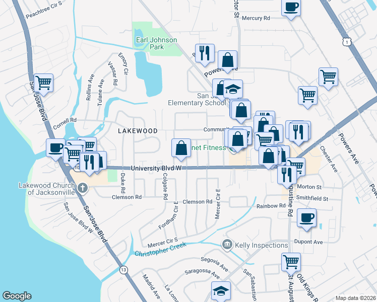 map of restaurants, bars, coffee shops, grocery stores, and more near 5618 Orangewood Road in Jacksonville