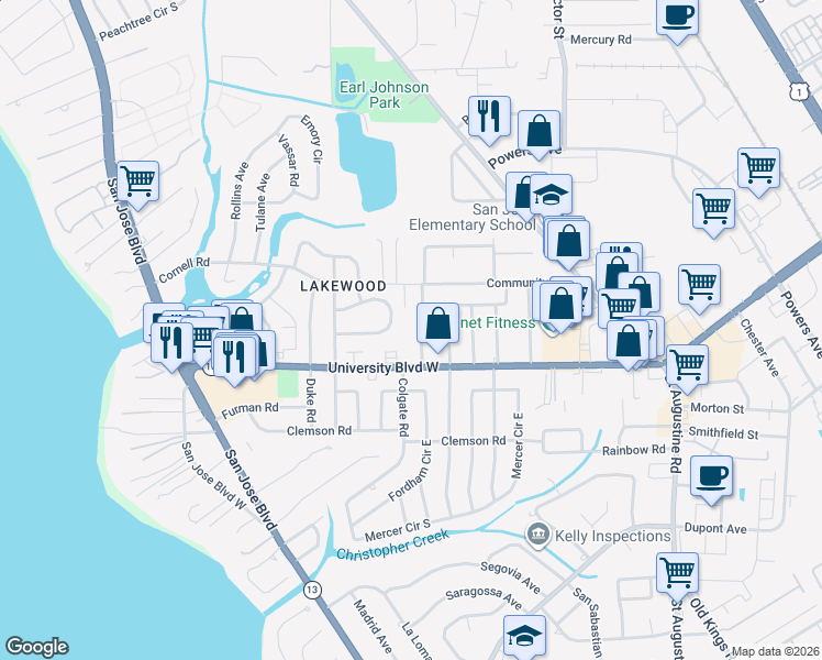 map of restaurants, bars, coffee shops, grocery stores, and more near 5545 Patsy Anne Drive in Jacksonville