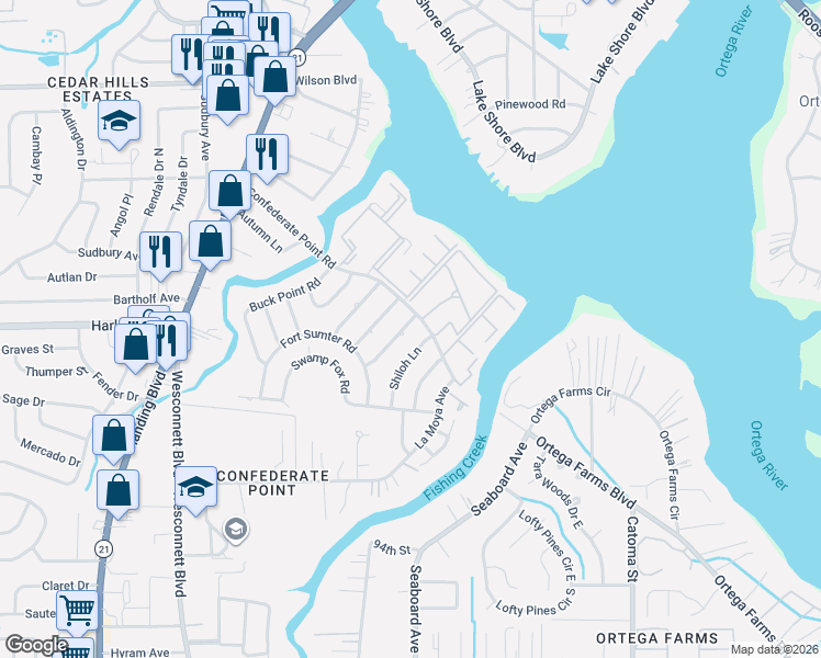 map of restaurants, bars, coffee shops, grocery stores, and more near 4305 Charleston Lane in Jacksonville