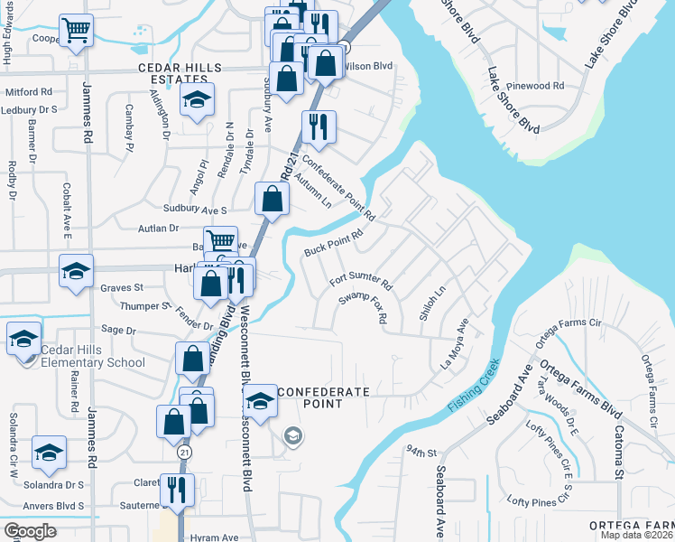 map of restaurants, bars, coffee shops, grocery stores, and more near 4327 Smugglers Way in Jacksonville