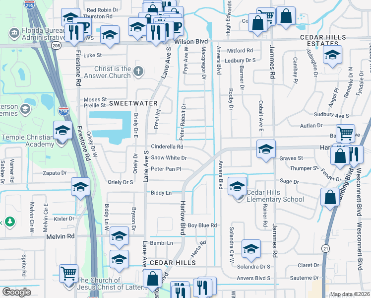 map of restaurants, bars, coffee shops, grocery stores, and more near 6725 Cinderella Road in Jacksonville