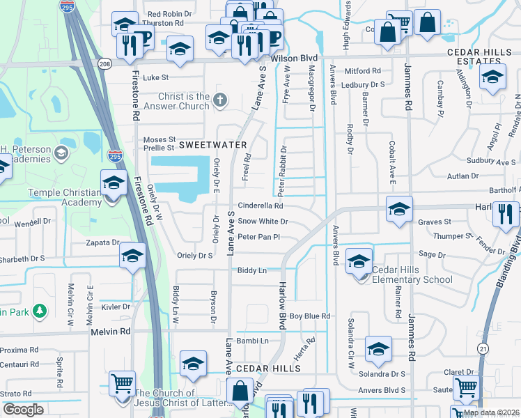 map of restaurants, bars, coffee shops, grocery stores, and more near 6817 Cinderella Road in Jacksonville