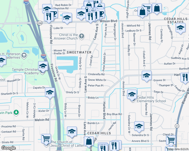 map of restaurants, bars, coffee shops, grocery stores, and more near 6863 Cinderella Road in Jacksonville