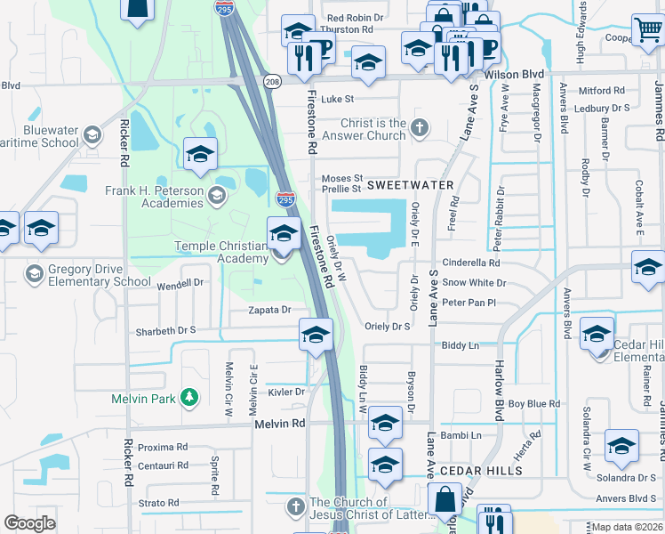 map of restaurants, bars, coffee shops, grocery stores, and more near 4022 Oriely Drive West in Jacksonville