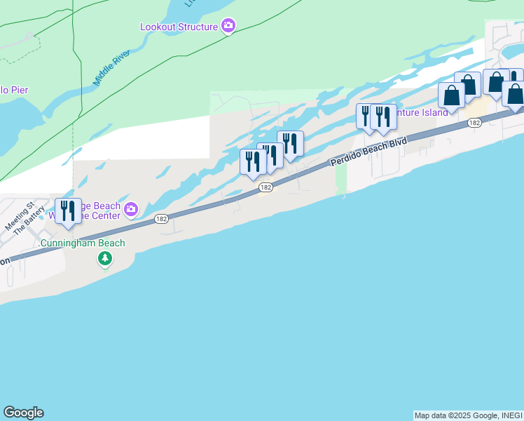 map of restaurants, bars, coffee shops, grocery stores, and more near 24151 Perdido Beach Boulevard in Orange Beach