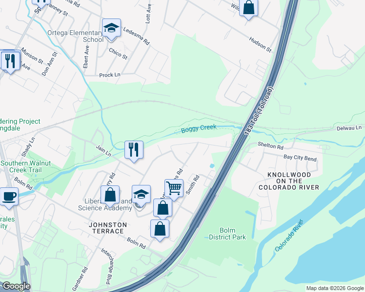map of restaurants, bars, coffee shops, grocery stores, and more near 6210 Thurgood Avenue in Austin