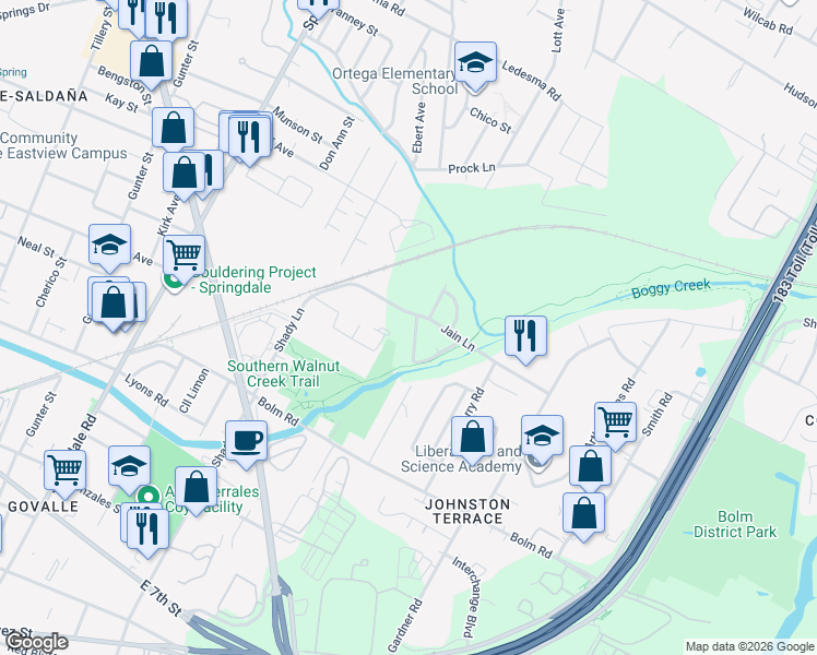 map of restaurants, bars, coffee shops, grocery stores, and more near 5401 Stuart Circle in Austin