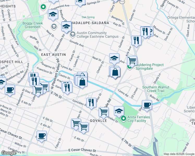 map of restaurants, bars, coffee shops, grocery stores, and more near 906 Cherico Street in Austin