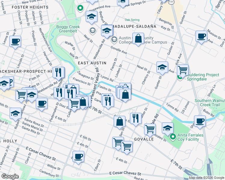 map of restaurants, bars, coffee shops, grocery stores, and more near 3007 1/2 Lyons Road in Austin